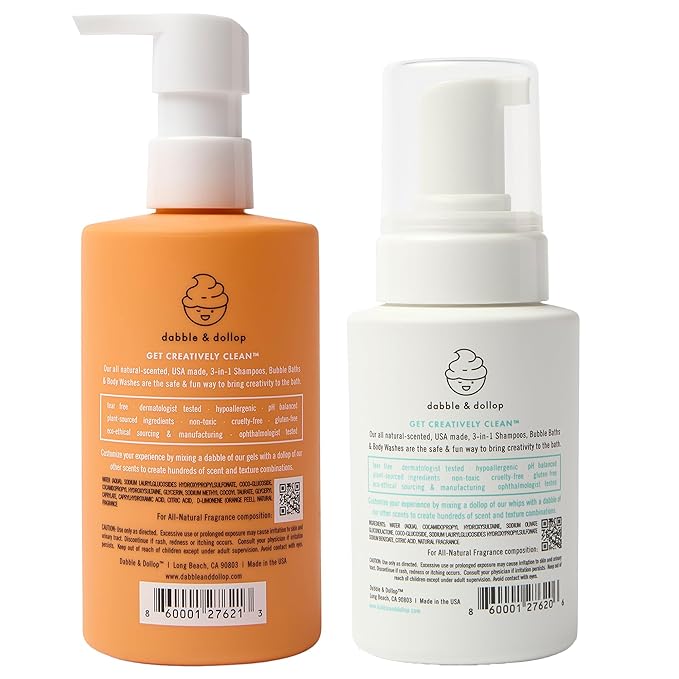 Dabble & Dollop Tangerine + Vanilla Body Wash & Shampoo – 3-in-1 Natural Bubble Bath for Kids, No Parabens or Sulfates, Vegan, Gluten-Free, Tear-Free (2-Pack)