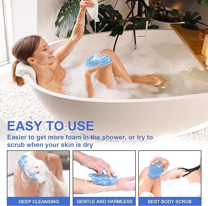 Metene 2 Pack Silicone Exfoliating Body Scrubber with Loop, Body Scrubber for Men and Women, Silicone Loofah for Shower, Soft Silicone for Shower and Bath Skincare Routine(Blue)