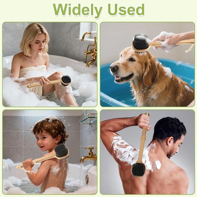 Silicone Back Scrubber for Shower, Stocking Stuffers for Men, Silicone Bath Body Brush Loofah with Long Handle, Dual-Sided Shower Brush for Body, Black Exfoliating Body Scrubber Back Washer with Hook