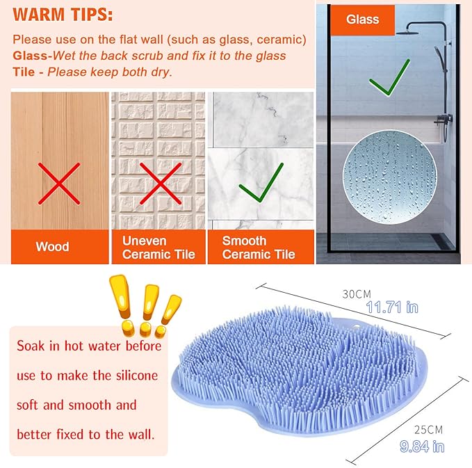 2 Pack Shower Back & Foot Scrubber, Wall Mounted Back Scrubber Silicone Bath Massage Cushion Brush with Suction Cups, Bathroom Wash Mat Exfoliating Dead Skin Brush (L-Blue Grey)