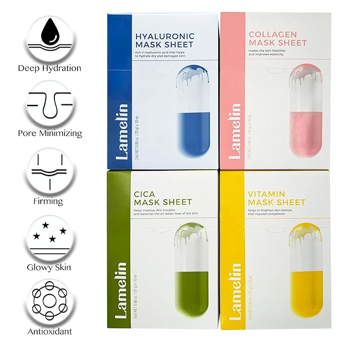 Lamelin Vitamin Niacinamide Sheet Mask, 10 Pack, Lemon Kiwi Extract Tocopherol Anti Aging Tightening Hydrating Made In Korea