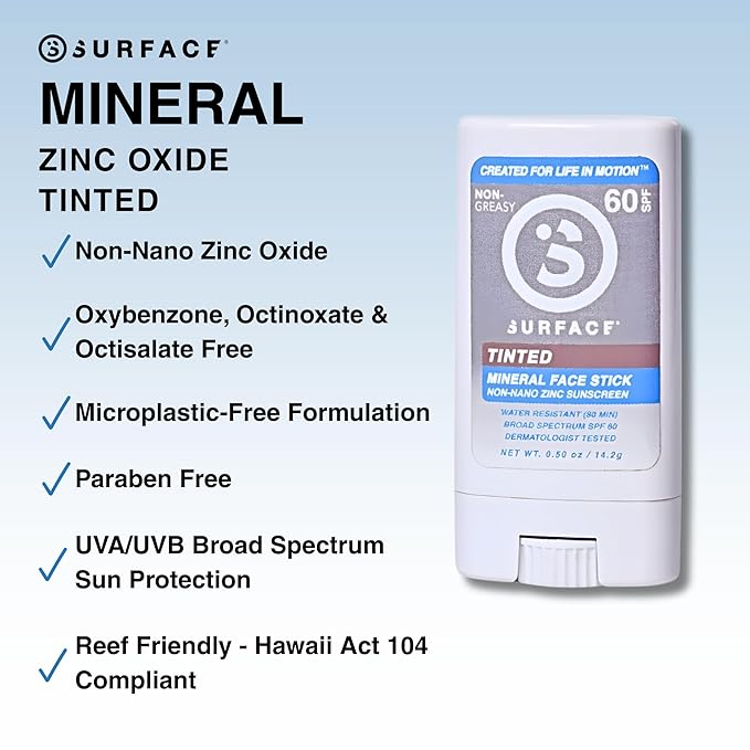 Surface Mineral Sunscreen Face Stick SPF 60, Lightweight Non-Nano Zinc Oxide Formula, Reef Friendly, Broad Spectrum UVA UVB Protection, Water Resistant Sun Care for 80 Minutes, Tinted, 0.5oz