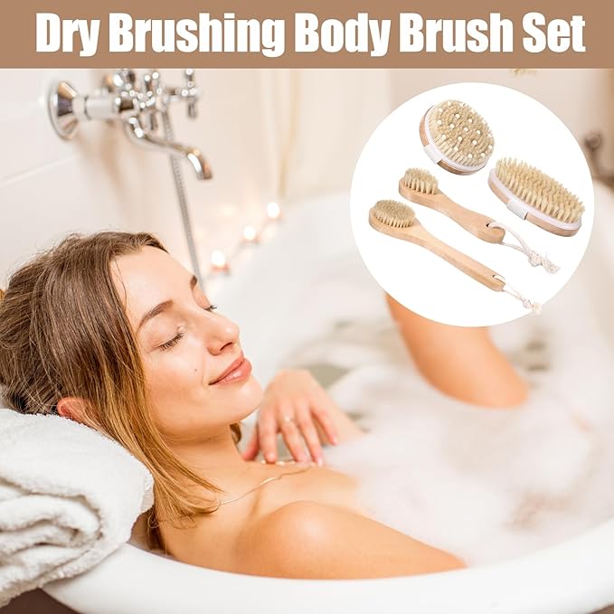 4PCS Dry Brushing Body Brush Set, Bamboo Dry Brush for Lymphatic Drainage Cellulite Exfoliating Body Face Treatment, Boar Bristle Face Cleansing Shower Back Scrubber Brushes