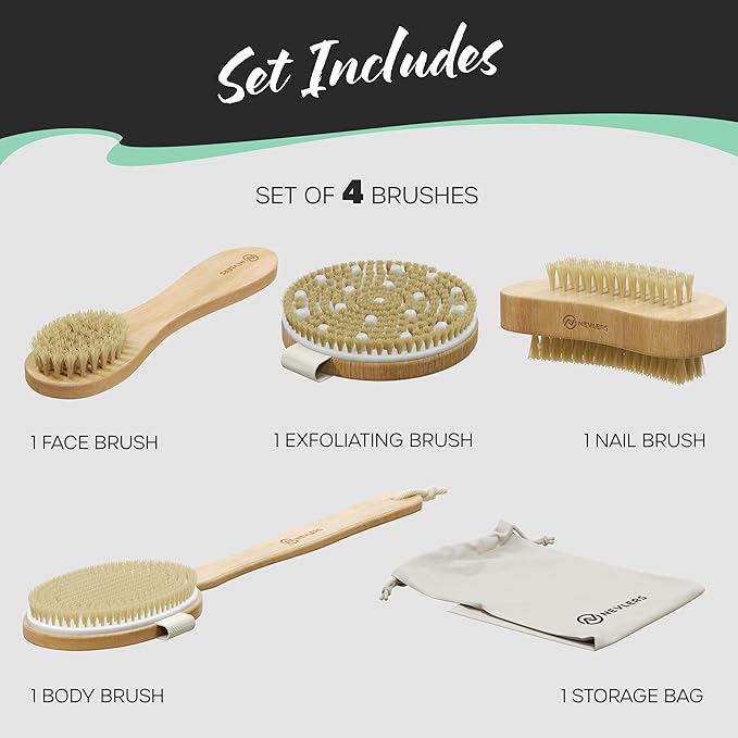 Nevlers Natural Boar Bristle Dry Brush for Body Massage 5-Piece Set | Detachable Long Wooden Handled Back Scrubber for Shower, Body Scrubber Exfoliator, Face Brush, Manicure Tool & Cloth Travel Bag
