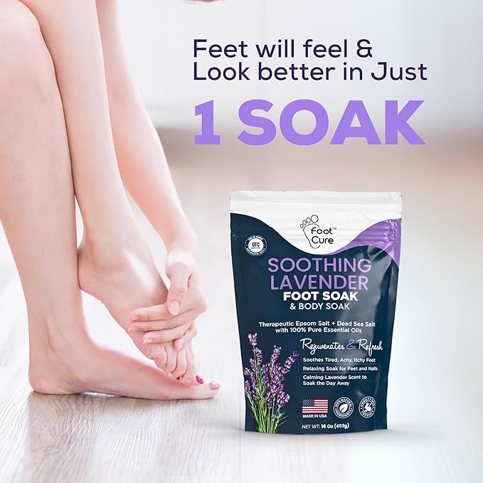 FOOT CURE Soothing Lavender Foot Soak - Pedicure Foot Spa with Epson Salts for Soaking Feet - Foot Massager Spa - Foot Scrubber Dead Skin Remover - Epsom Salt Bath Soak (Pack of 2)
