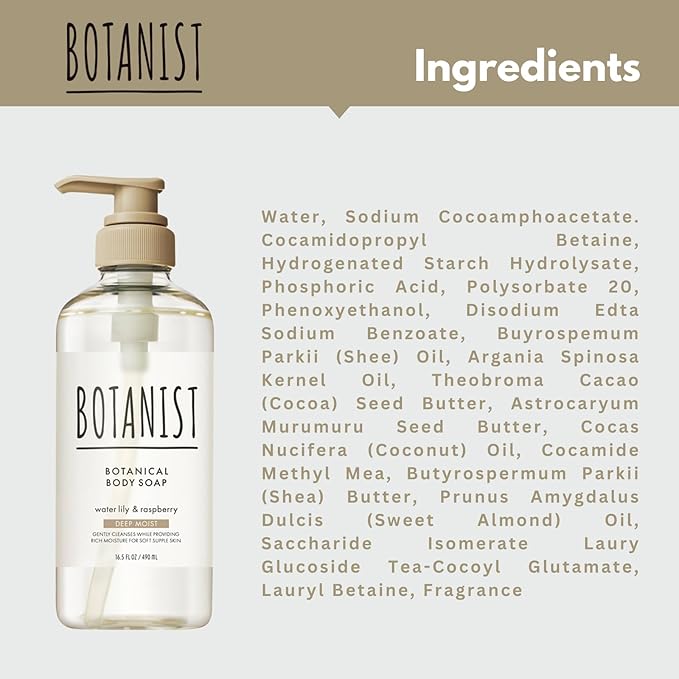 Botanist Moisturizing Body Wash for Dry & Sensitive Skin Women & Men, Organic Body Soap Gel with Shea Butter, Coconut Oil & Aloe from Japan, Paraben& Sulfate Free Water Lily& Raspberry 16.5 Fl Oz 2EA