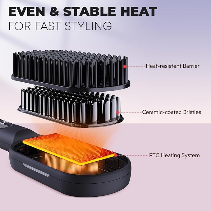 LANVIER Hair Straightener Brush, Ionic Straightening Brush with Infrared, Wide Plate Heated Smoothing Comb with Negative Ions, 32 Temps, Dual Voltage, Flat Iron Comb Styler for All Hair Type