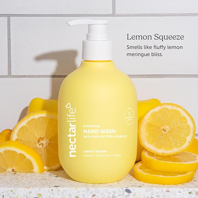 Nectar Life Exfoliating & Moisturizing Hand Wash 3-Pack, Volcanic Pumice for Hand Scrub, Shea Butter Softens Hands, Clean Vegan Ingredients, Lemon Scent
