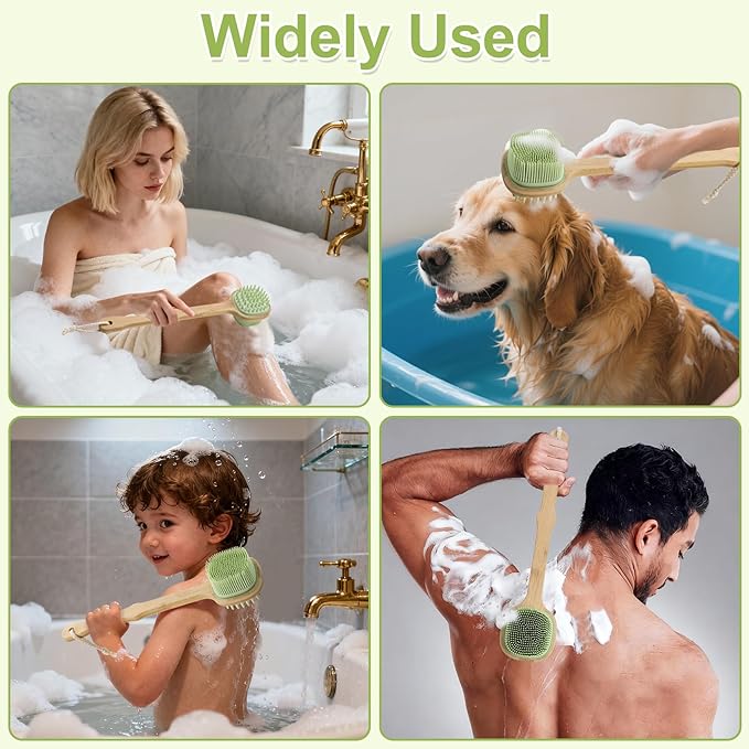 Silicone Back Scrubber for Shower, Silicone Bath Body Brush Loofah with Long Handle, Dual-Sided Shower Brush for Body, Green Exfoliating Body Scrubber for Men Women, Back Washer for Men with Hook