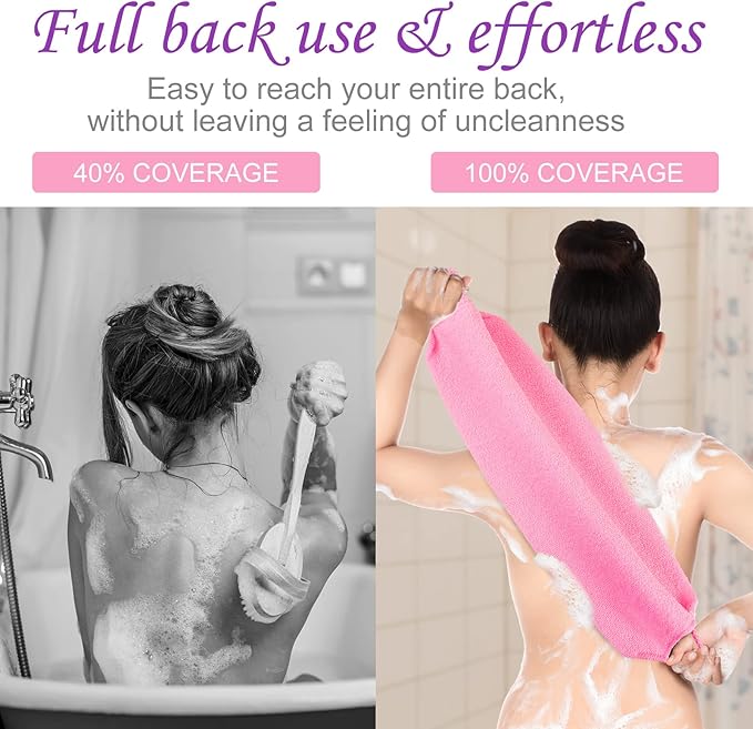 Moukeren Exfoliating Back Scrubber with Handles 4 Pack Nylon Back Exfoliator Extended Length Washers Scrubbers Stretchable Pull Strap Exfoliating Washcloth(Pink, Purple)
