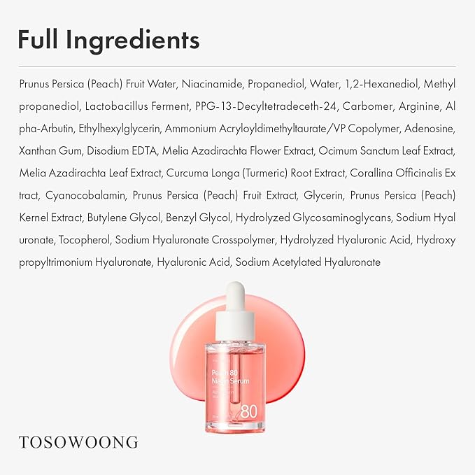 TOSOWOONG Peach 80 Niacin Serum, 5% Niacinamide, Alpha-Arbutin, Vitamin B12, Glass Skin, Hydrating Face Serum for Dark Spots, Pore Minimizer, Uneven Tone, Dullness, Korean Skincare, 33ml/1.11 fl. oz.