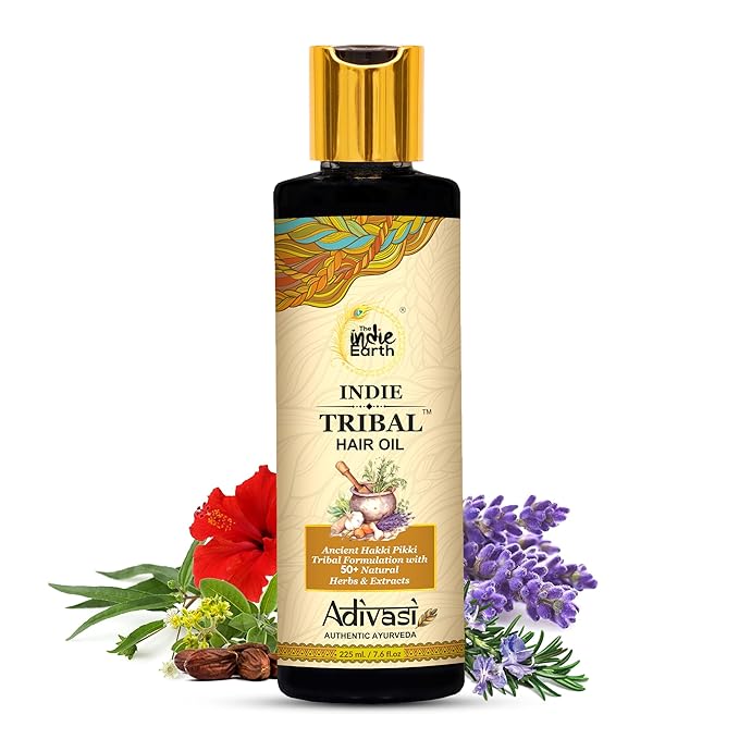 The Indie Earth Indie Tribal Adivasi Hair Oil Based on Hakki Pikki Tribe’s Hair Care Formula with 50+ potent ingredients including Moringa, Bhringraj, Hibiscus, Heena, Blackseed & Rosemary Oil