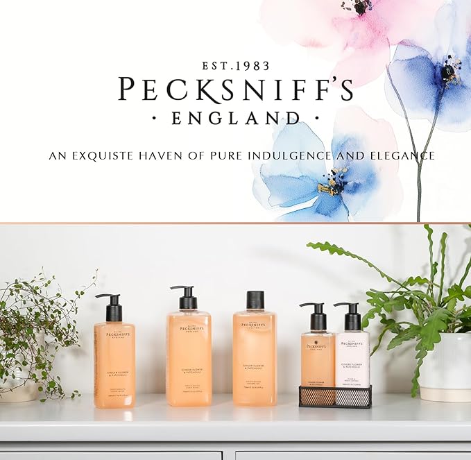 Pecksniffs Luxury Bath Gift Set, Ginger Flower and Patchouli Moisturizing Hand Soap and Body Lotion Set with Caddy, 10.1 Fl Oz