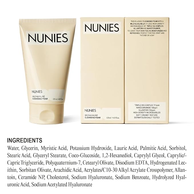 NUNIES Mild Alkaline Cleansing Foam – Daily Korean Face Wash for Sensitive Skin | Cream-to-Foam Lather | Deep Cleanser with Hyaluronic Acid & Ceramide | Fragrance-Free | 4.05 fl.oz. (120ml)