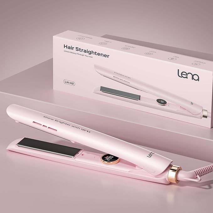 Flat Iron Hair Straightener LENA H2 Curling Wand and Curler 2 in 1 with Titanium Coating, Satefy Lock, Anti-Scald, 12 Adjustable Temps & Dual Voltage for All Types of Hair