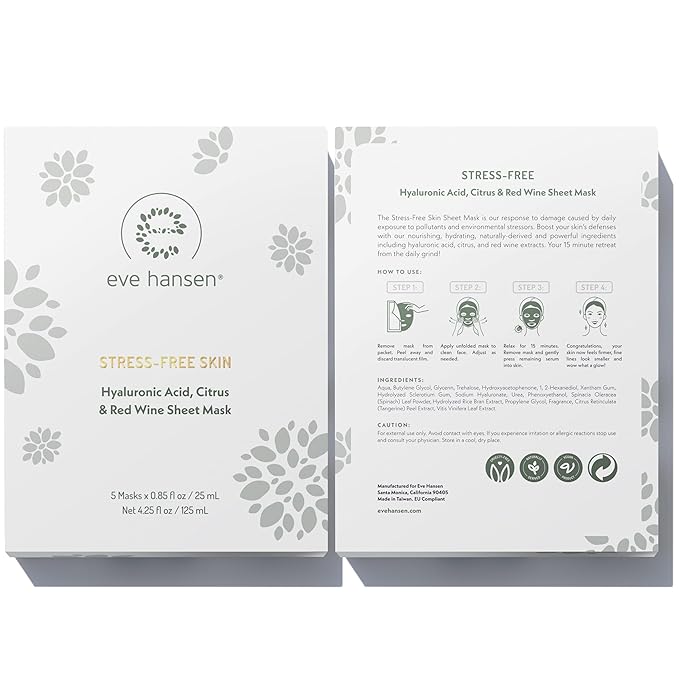 Eve Hansen Sheet Masks Set | Collagen and Hydrating Face Mask Sheet with Hyaluronic Acid, Red Wine Extract | 10x