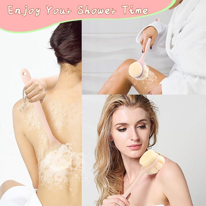 2 Pcs Body Shower Brush Long Handle Back Scrubber Brush with Bristles and Loofah Mesh Sponge for Skin Exfoliating Bath Wet Dry Massage Brushing - Pink
