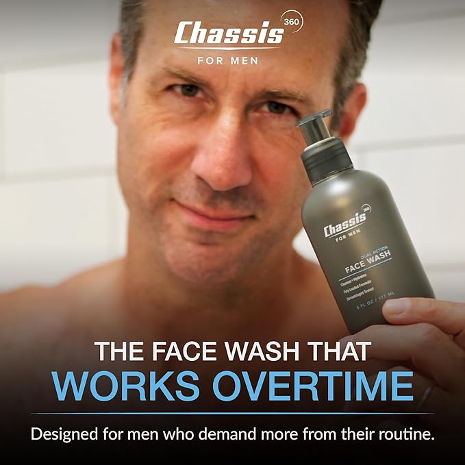 Chassis 360 Dual Action Face Wash - Hydrating & Oil Control Men's Face Wash with Niacinamide, Vitamin C & Hyaluronic Acid - Free From Phthalates, Parabens & Sulfates - Unscented Cleanser - 6 Fl Oz