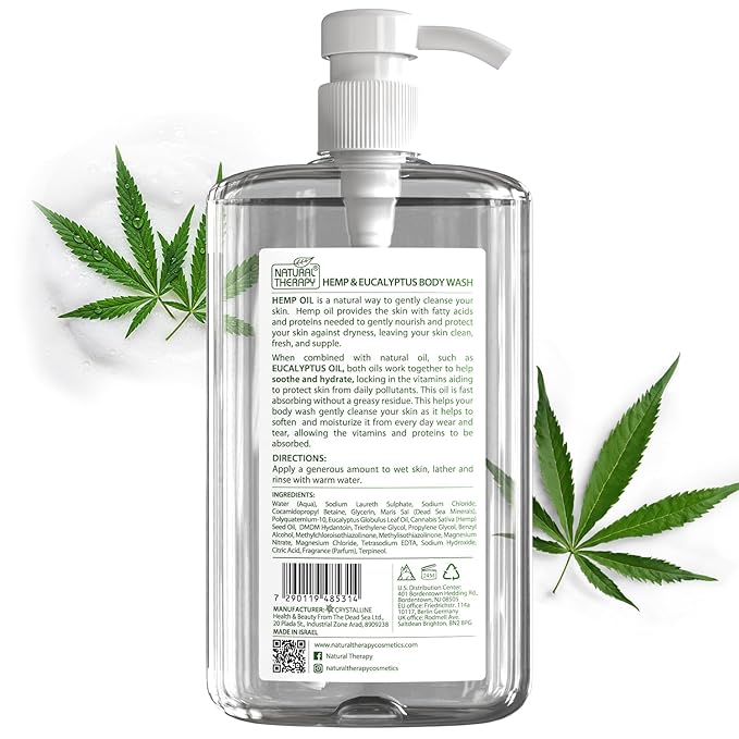 Natural Therapy Body Wash for Women and Men with Hemp & Eucalyptus Oils - Shower Gel Cleanses and Moisturizing Skin - With Dead Sea Minerals Nourish for Body, Pack of 2 (67.6 fl.oz)