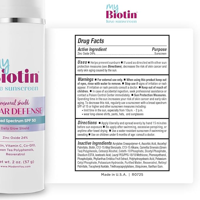 MyBiotin Luxe Sunscreen – Daily Glow Shield, Mineral SPF 50 Face Sunscreen - 24% Zinc Oxide, Biotin, Vitamin C, CoQ10, Polyphenols & Resveratrol – Anti-Aging, Broad Spectrum Sun Protection, 2 oz.