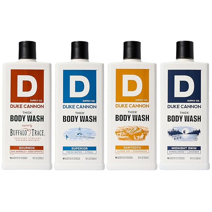 Duke Cannon Supply Co. Thick High Viscosity Body Wash - 3X Thicker, Plant-Based, Mineral-Enriched Body Wash for Men - Mens Body Scrub - Sawtooth, Bourbon, Midnight Swim & Superior