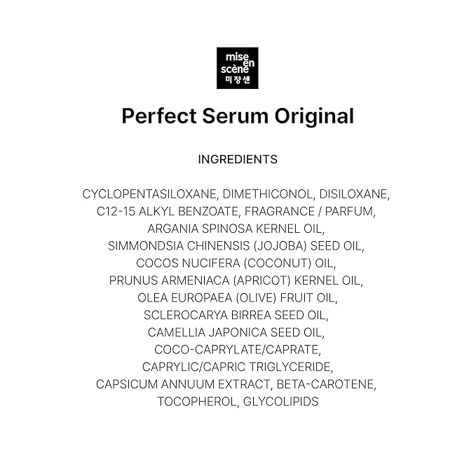 Mise En Scene Perfect Serum Original - Heat Protectant Hair Oil for Frizzy & Dry | Argan Oil | Visibly Smooths & Softens | Add Shine All Hair Types | Damage Repair | Fruity Floral Scent, 3.71 Fl Oz.