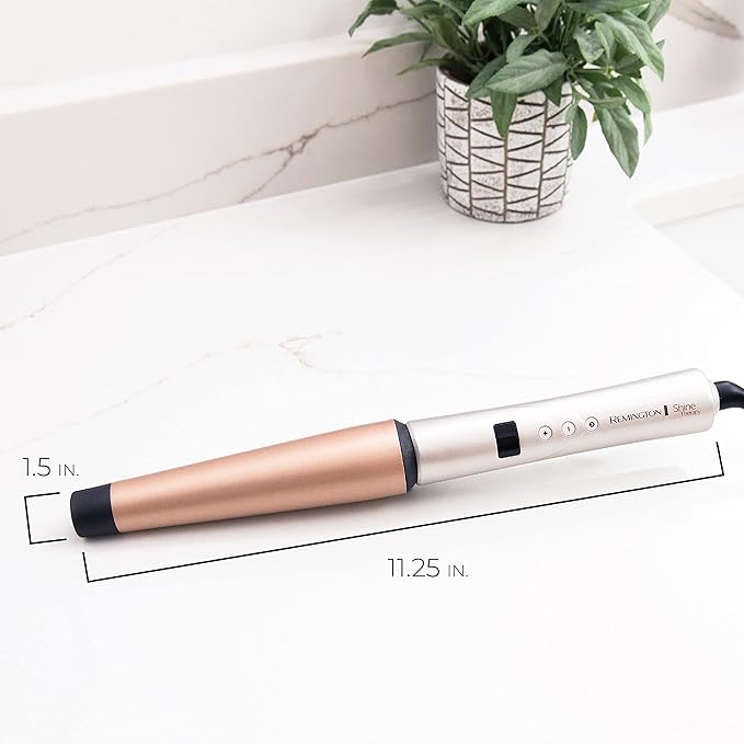 REMINGTON SHINE THERAPY Curling Wand, Infused with Argan Oil & Keratin, 1-1 ½ Inch Tapered Curling Iron for Tousled Waves, includes Heat Glove