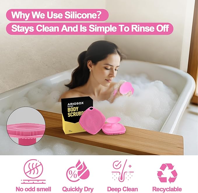 Silicone Body Scrubber with Suction Cup, Gentle Texture Exfoliating Body Scrubber for Men and Women On Sensitive Skin, Build Up Lather, Deep Skin Clean (Body+ Face Scrubber Pink)