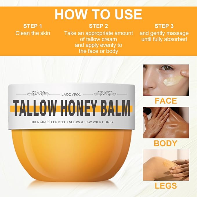 Beef Tallow for Skin, Natural Tallow Balm Face & Body Solid Moisturizer with Raw Honey and Beeswax, Grass-Fed Beef Tallow & Raw Wild Honey Blend, Hydrating Body Lotion for Nourishment,100G/3.5OZ (1PC)