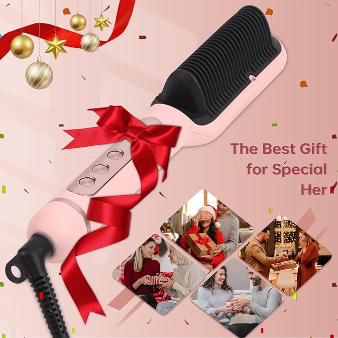 Negative Ionic Hair Straightener Brush with 9 Temp Settings, 30s Fast Heating Hair Straightening Comb with LED Display, Anti-Scald & Auto-Shut Off Hair Brush Straightener for Women (Pink)