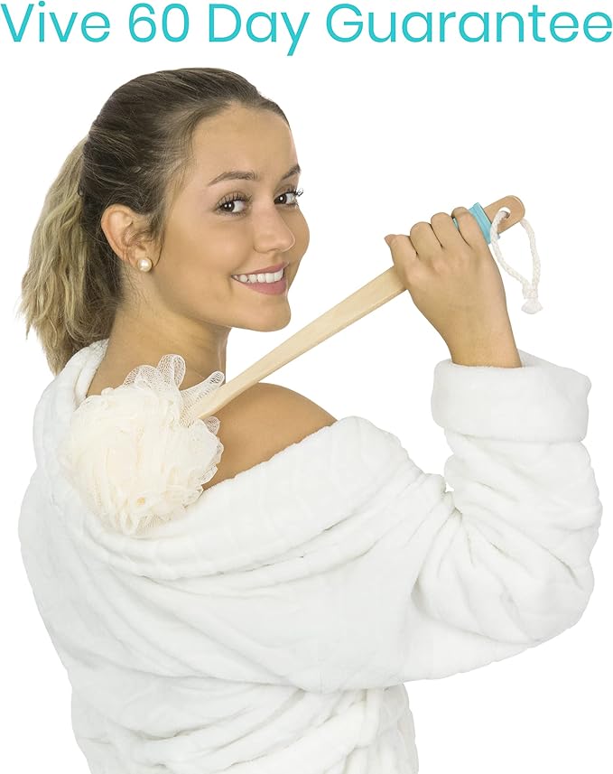 Vive 17” Shower Loofah with Long Handle - Exfoliating Back & Body Scrubber for Men & Women - Luffa Sponge on a Stick for Bathing, Cleaning - Includes Extra Handheld Lufa, Hook & String to Hang on Wall