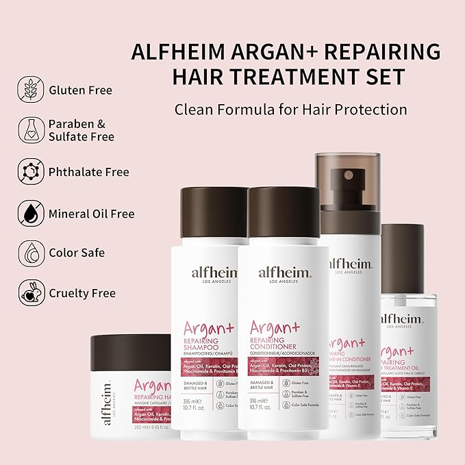Alfheim Argan Hair Care Set | Argan Oil Shampoo, Conditioner, Hair Mask, Leave-In & Hair Oil | Frizz Control & Repair | Moisturizing & Strengthening | Sulfate-Free, Color-Safe | Holiday Gift for you