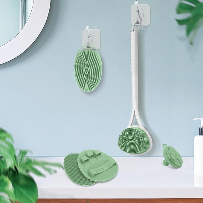 Silicone Back Body Face Scrubbers Set 4PCS, 15.35’’ Back Scrubber Soft Body Scrubber for Dual-Side Usage, Easy-to-Hold Soft Bath Glove & Face Scrubber for Good Foaming Deep Cleaning(Green)