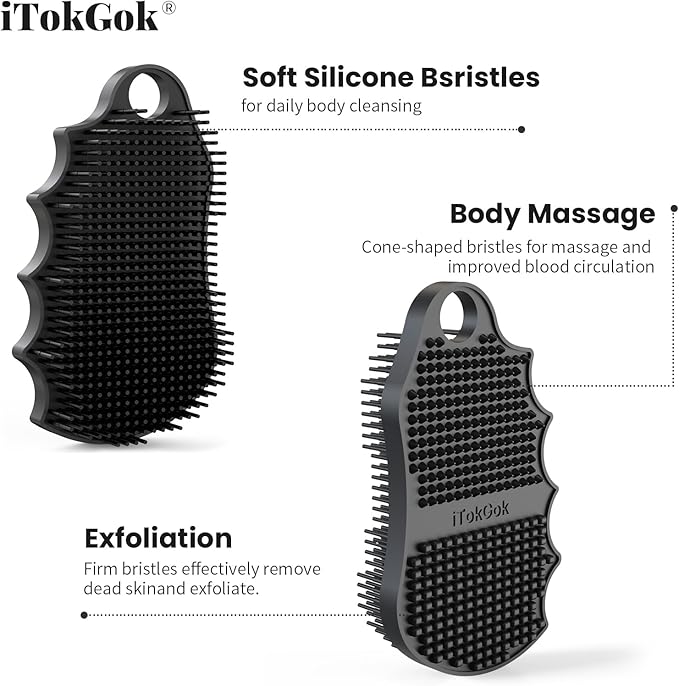 Silicone Body Scrubber Silver-Infused Dual-Sided 3-in-1 for Shower, Body Cleaning+Massage+Exfoliator Body Brush Buffer for Men and Women, Silicone Loofah, Non-Slip Handle (Black)