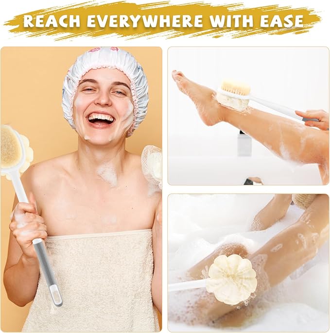 2 Pcs Long Handled Shower Brush Double Sided Bath Brush Massage Body Cleaning Mesh Sponge with Soft Bristles and Loofah for Skin Exfoliating Women Men - Grey