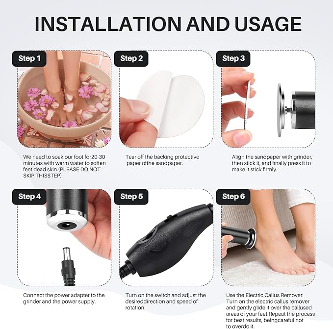 Foot File Callus Remover for Feet: Profesional Pedicure Tool for SPA - Adjustable Speed Feet File Grinder for Skin and Calluses - with 60 Pcs Replacement Sandpaper Disk for Home Salon(Black)