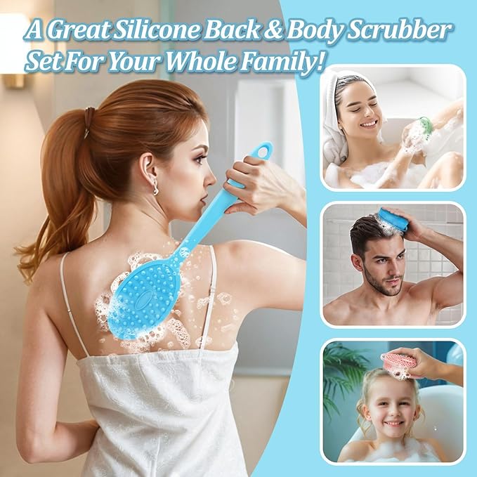 Silicone Back/Body/Face Scrubber & Soft Bath Glove Set 4PCS, Gentle Exfoliating Back & Body Scrubber with Dual-Side Brush Head, Hand-fit Bath Glove & Face Scrubber for Deep Cleaning(Blue-4PC)