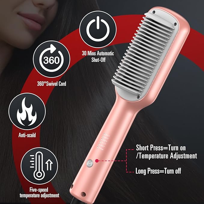 SDLOGAL Hair Straightener Brush, Hair Straightener Comb Straightening Brush for Women, with 5 Temps & Fast Heating, Easy and Fast Salon-Style, Plus Dual Voltage Travel Friendly-(Rose Gold)