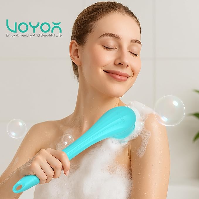 VOYOR Electric Body Brush Back Scrubber Silicone Body Scrubber Two-Way Rotating Brush Head for Deep Cleaning, Exfoliation, 4 Attachments Long Handle IPX6 Rechargeable Shower Brush BC300 (Blue)