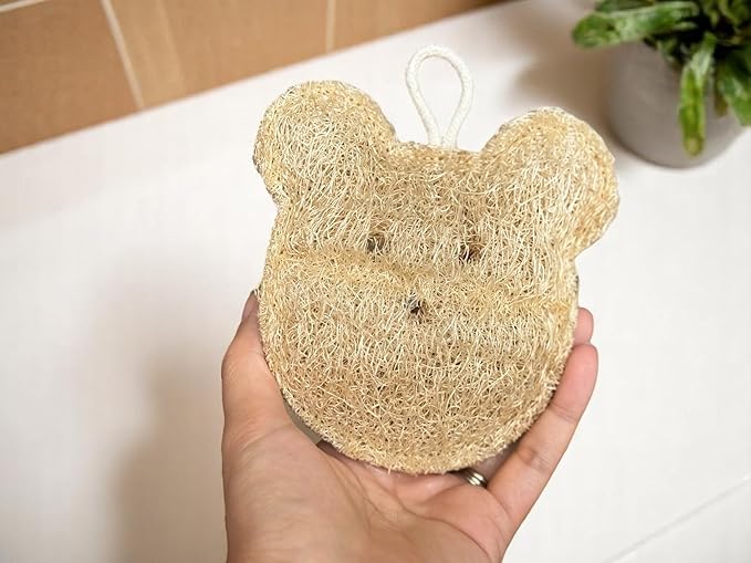 Natural Bear Shape Loofah Sponge, Exfoliating Body Scrubbers (2 Pack), Biodegradable Bath Loofahs Sponge, Gentle, Chemical-Free Bath & Body Loofah for Women, Men and Kids, Made with Natural Loofah