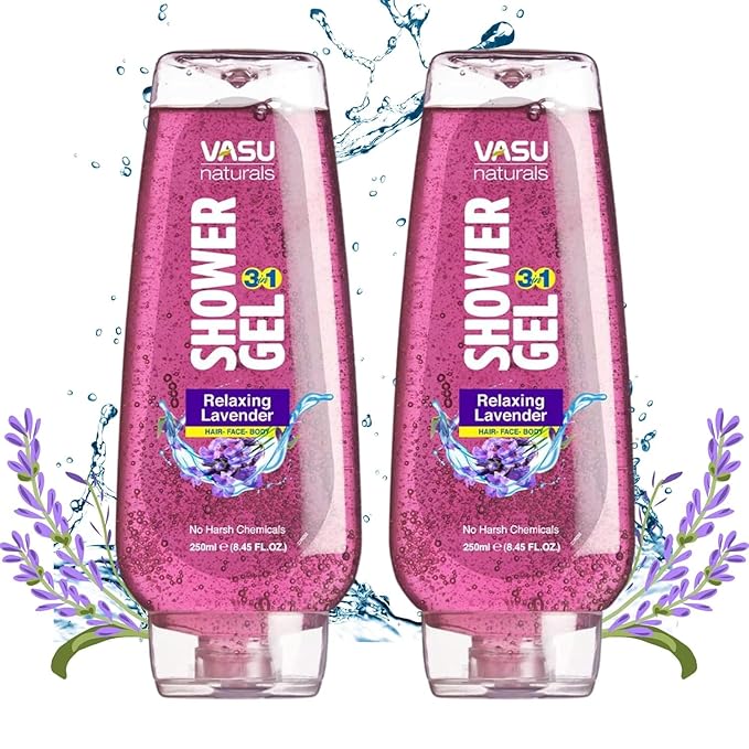 Vasu Naturals Organics Lavender Body Wash Calming Shower Gel with Pro-Vitamin B5 for Women & Men | Soap-Free, Paraben-Free, Soothing Body Cleanser for Sensitive Skin – 8.45 fl oz Each (Pack of 2)