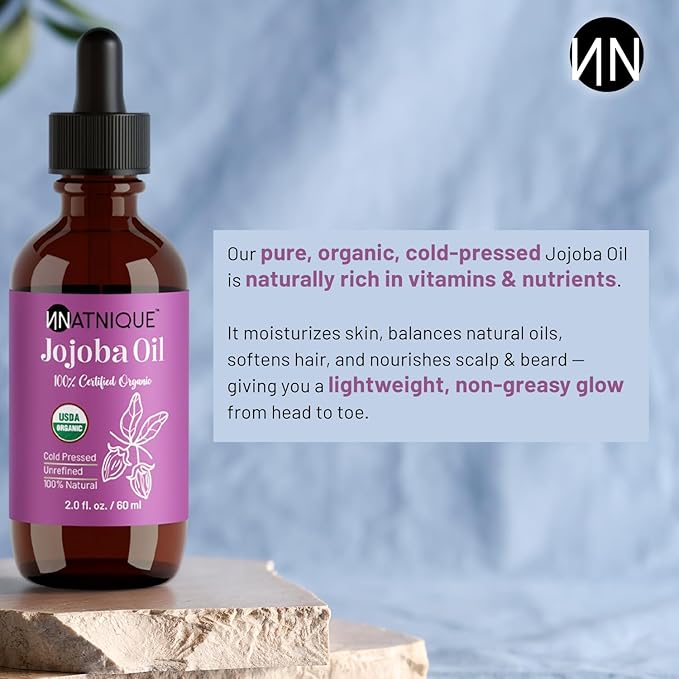 Natnique Organic Jojoba Oil 2oz – Nail Brush Included – USDA Certified, Cold Pressed, Unrefined & Hexane-Free – Pure Moisturizer for Hair, Face, Skin, Beard, Scalp, Nails & Cuticles – Natural Care