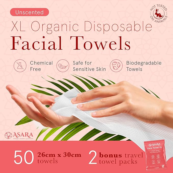 Asara Disposable Face Towel XL Facial Wipes | Organic Vegan Biodegradable | Add Water As a Makeup Remover | Sensitive Skin Face Towels - Clean Daily Towelettes (100 Count)