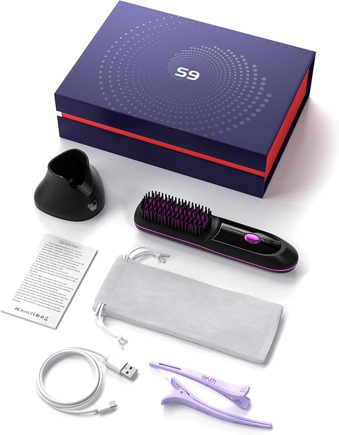 VELORlA Cordless Hair Straightener Comb with Charging Dock & LED Display - Portable 2-in-1 Travel Straightener Brush with 200M lons, 3 Temps 320-392'F, Anti-Frizz Hair Styler, Gift for Women (Black)