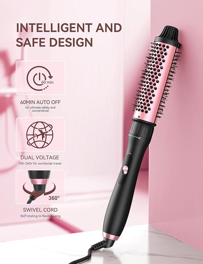 LANDOT Heated Round Thermal Brush: 1-1/2 inch Curling Brush for Blowout Volumizing Look - Dual Voltage Ceramic Curling Iron Wand with Detachable Head Travel-Friendly