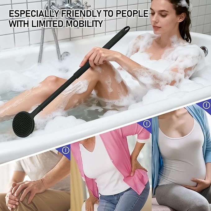 Back Scrubber for Shower, (16-24 Inch) Extendable Bath Brush Long Handle for Shower, Silicone Body Scrubber with Handle, Back Brush for Shower Men and Women,Easy to Clean (Black)