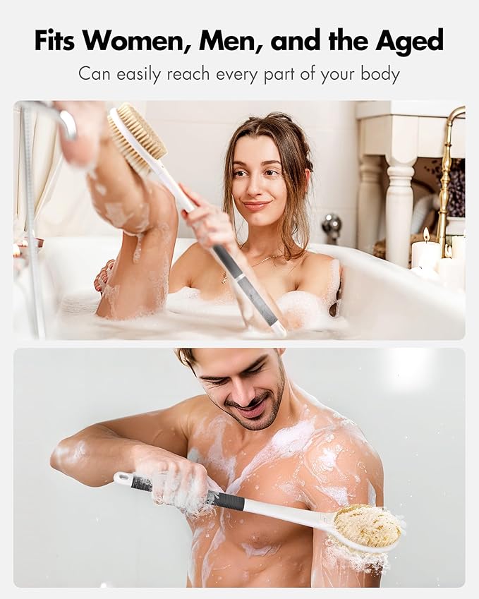 Back Scrubber Anti Slip for Shower: 18.1'' Long Handle Bath Brush with Stiff and Soft Bristles Body Exfoliator Wet or Dry Brushing for Women, Men, Elderly (Charcoal Gray)