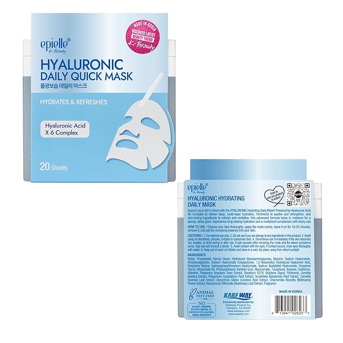 Epielle Hyaluronic Acid Korean Face Masks 20 Pack - 6x HA Complex Hydrating Sheet Masks for Anti Aging & Dry Skin, Stocking Stuffers for Women