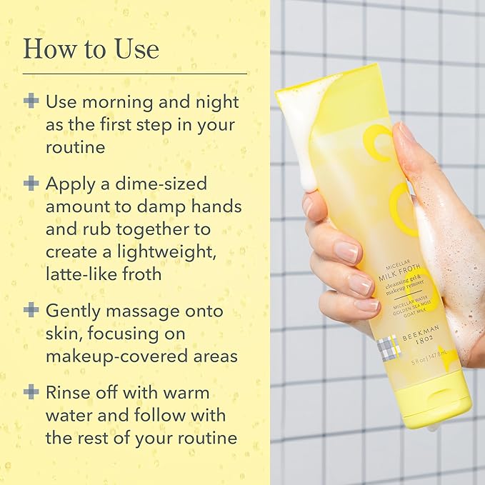 Beekman 1802 Micellar Milk Froth Cleansing Gel - Gently Cleanses & Removes Makeup - Double-Cleanse in 1 - Goat Milk & Golden Sea Moss - Fragrance Free - 1.0 fl. oz - Cruelty Free - Sensitive Skin Safe