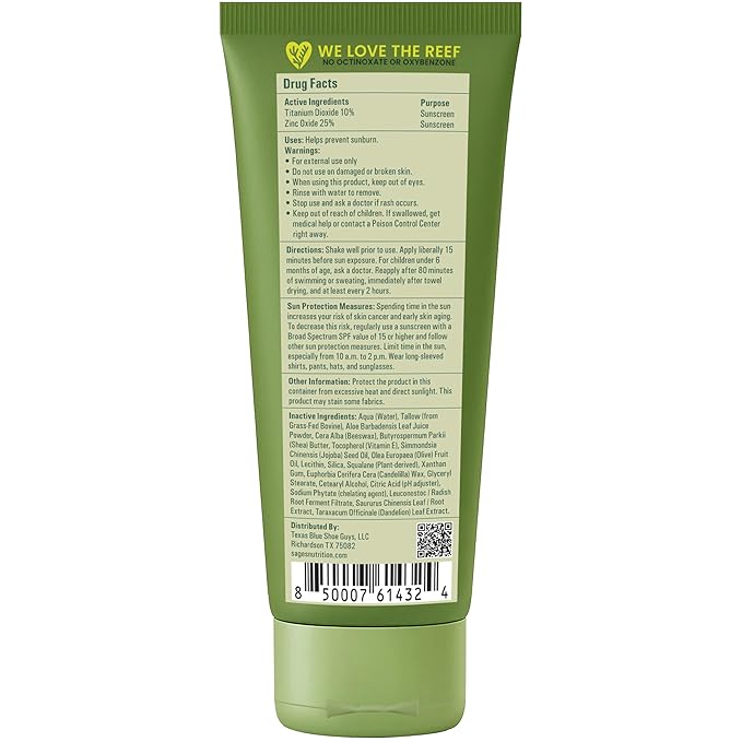 Mineral Sunscreen SPF 50 Lotion with Non-Nano Zinc Oxide, Reef Safe Broad Spectrum Sunblock, Water Resistant 80 Min, Natural Tallow Moisturizing Formula for Face and Body, Zinc Mineral Sunscreen 3.4oz